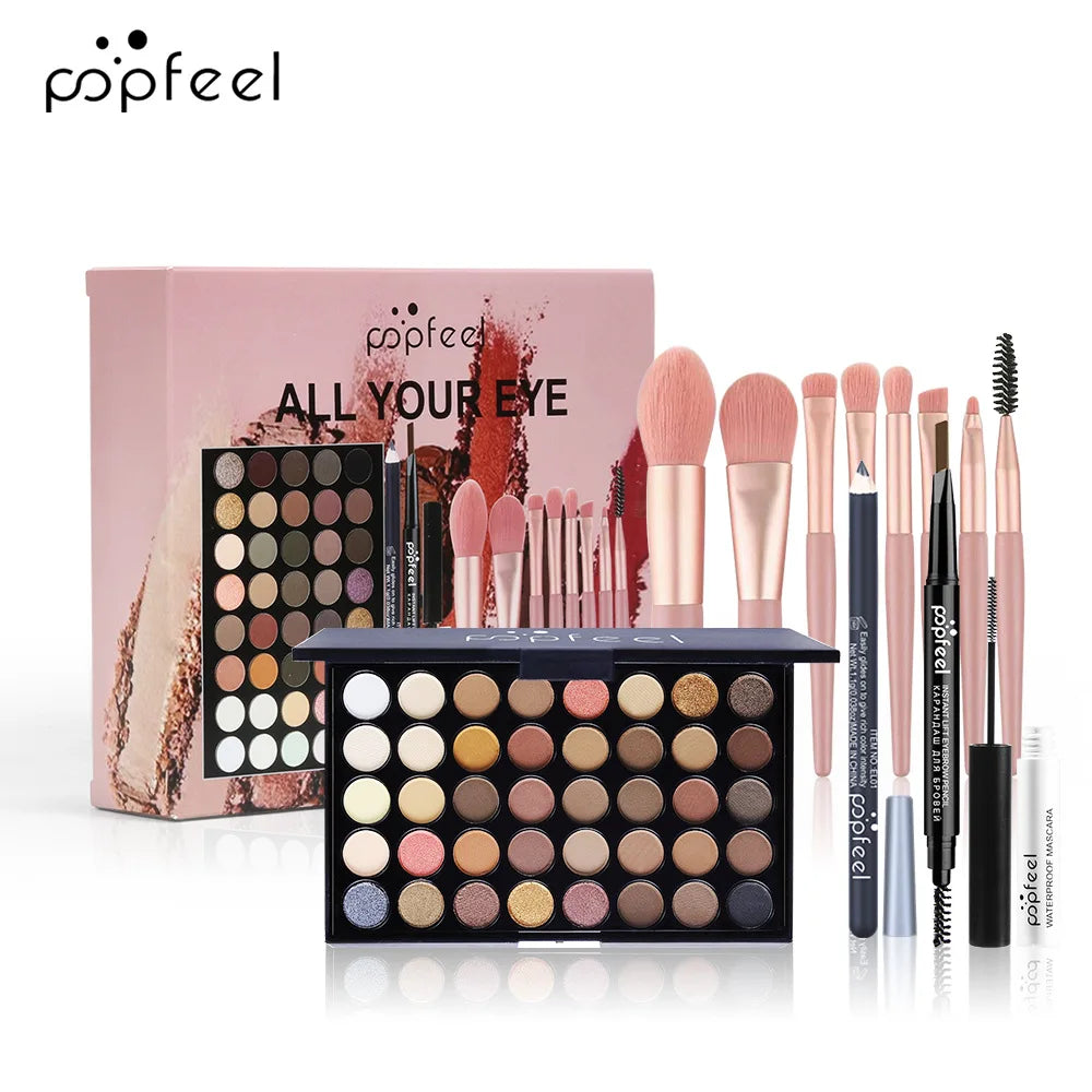 POPFEEL All-in-One Makeup Kit – Eyeshadow, Lip Gloss, Blush & Brushes
