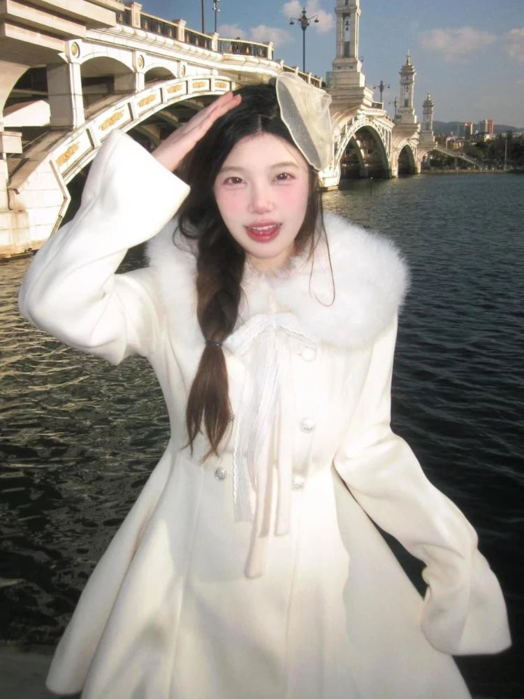 Autumn Winter Elegant Party Women Outfits French Sweet Wool Patchwork Blends Solid Princess Casual Warm Fur Collar Coat 2025 New