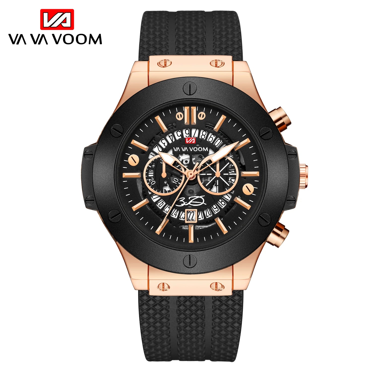 Men’s 46mm Black Silicone Sports Watch – Rose Gold Military Quartz