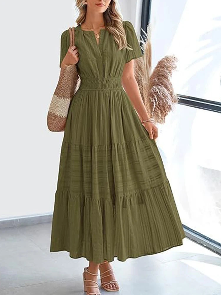 Women’s V-Neck Layered Bubble Sleeve Swing Dress – Spring/Summer 2025