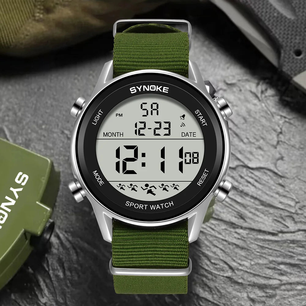 Synoke Men Outdoor Sports Multifunctional Waterproof Large Screen Display Luminous LED Digital For Men Nylon Strap Watch