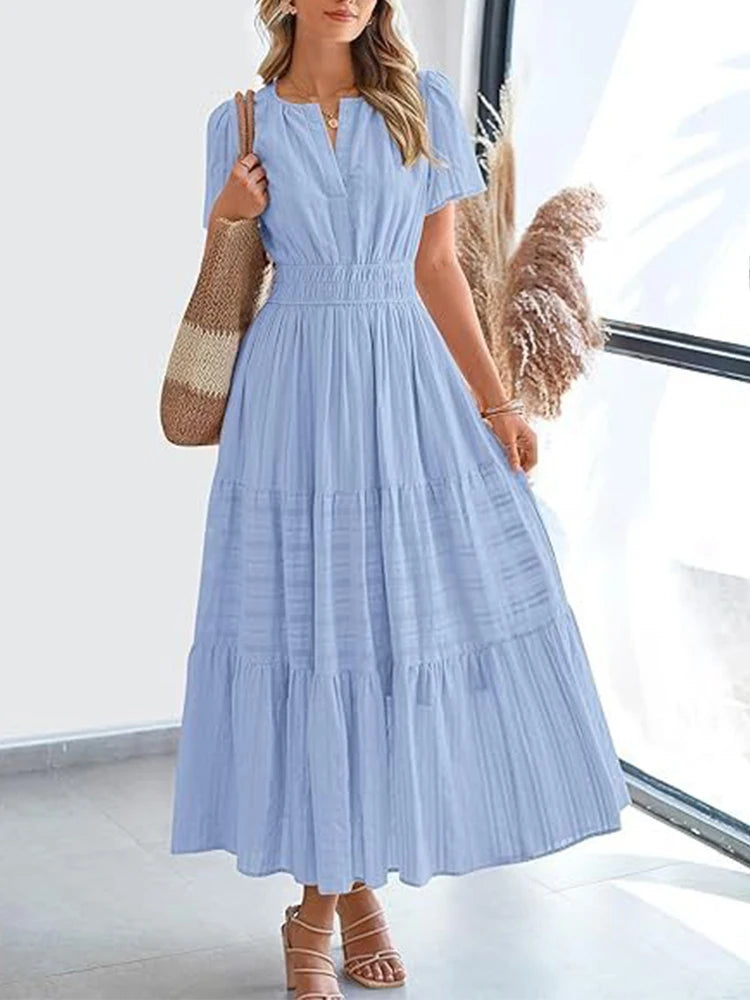 Women’s V-Neck Layered Bubble Sleeve Swing Dress – Spring/Summer 2025