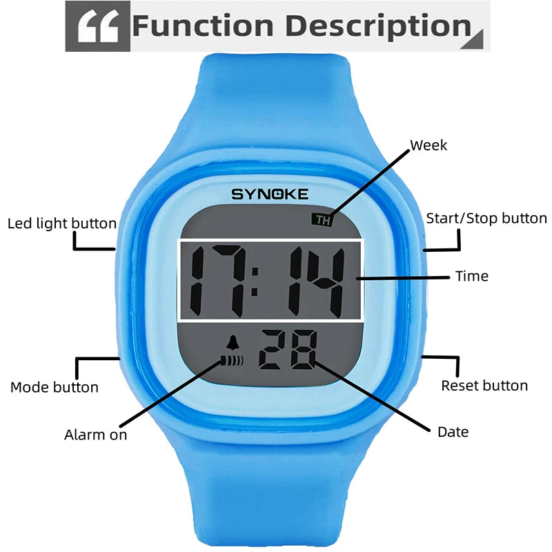 Synoke Unisex Digital Sport's Watches Fashion Soft Silicone Strap Led Waterproof Swimming Jelly Wristwatch Alarm Clock