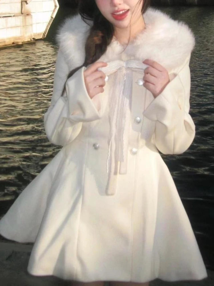 Autumn Winter Elegant Party Women Outfits French Sweet Wool Patchwork Blends Solid Princess Casual Warm Fur Collar Coat 2025 New