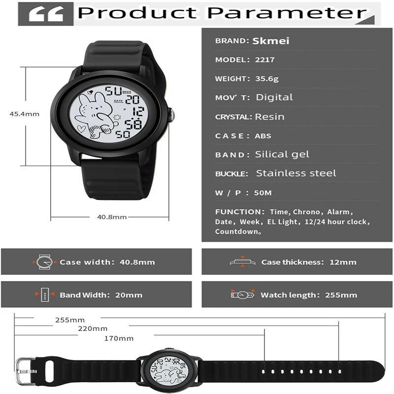 Skmei Unisex Digital Watches for Young Student Carton Rabbit Pattern Fashion LED Waterproof Boy Girl Wristwatch with Alarm Clock