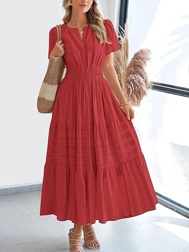 Women’s V-Neck Layered Bubble Sleeve Swing Dress – Spring/Summer 2025