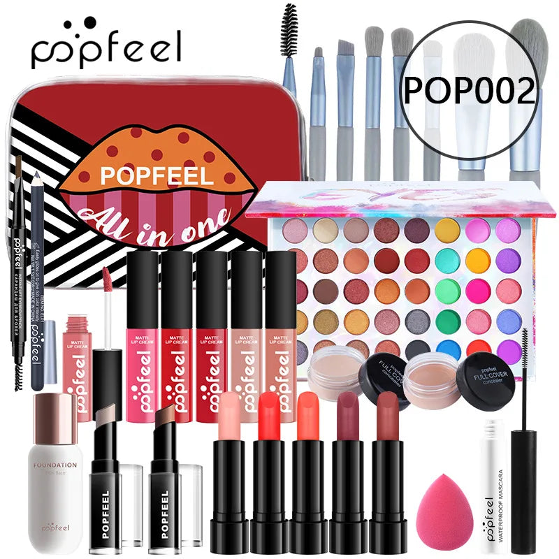 POPFEEL All-in-One Makeup Kit – Eyeshadow, Lip Gloss, Blush & Brushes