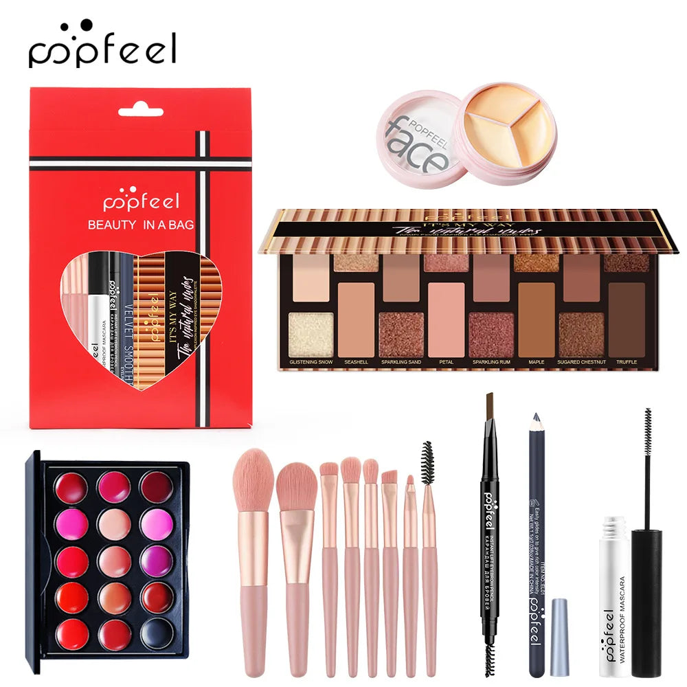 POPFEEL All-in-One Makeup Kit – Eyeshadow, Lip Gloss, Blush & Brushes