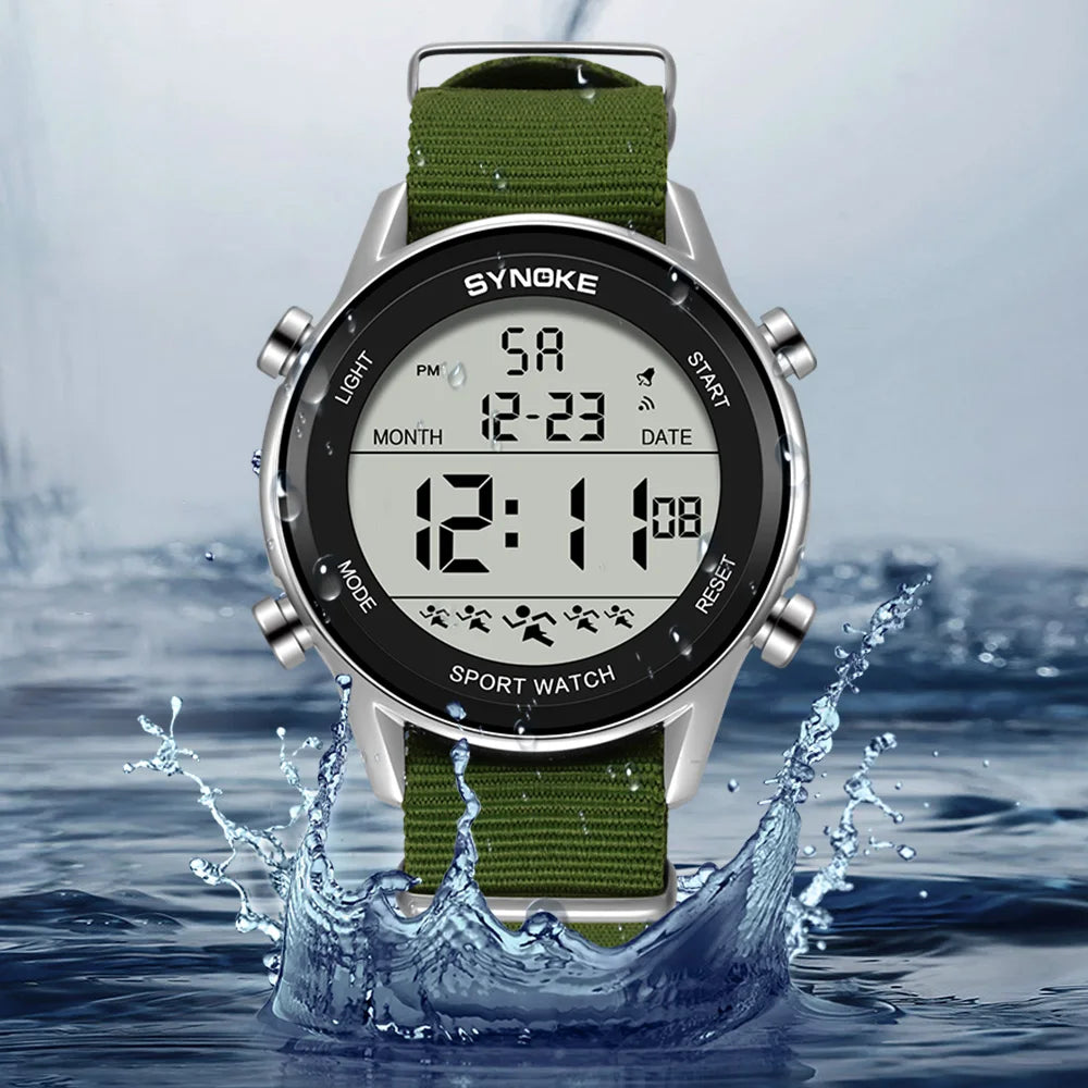 Synoke Men Outdoor Sports Multifunctional Waterproof Large Screen Display Luminous LED Digital For Men Nylon Strap Watch