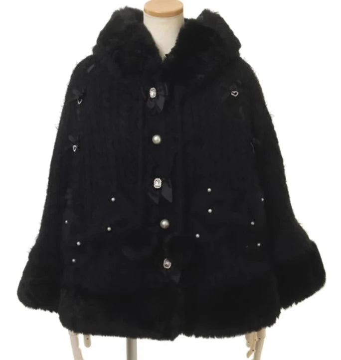 Japanese Sweet Soft Thick Women's Double-Layer Big Ribbon Hooded Knitted Cloak 3 Colors Autumn and Winter Ponchos Warm Jacket