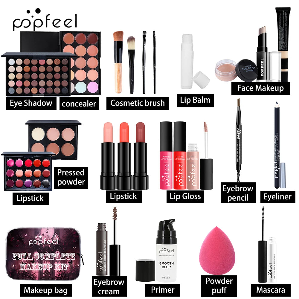 Full makeup kit with eyeshadows, lipsticks & eyeliner – perfect gift set.