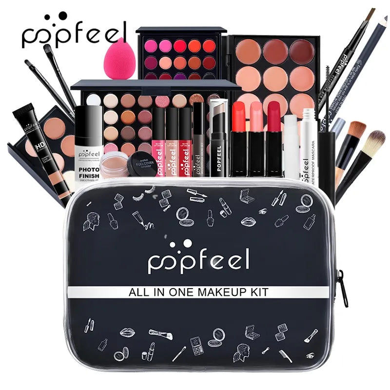 All-in-one full makeup kit with eyeshadow, eyeliner & eyebrow tools
