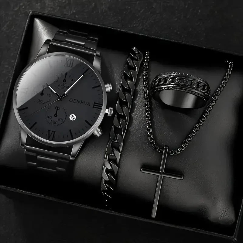 Luxury Men Business Quartz Watches 4pcs Set Gold Alloy Roman with Calendar Wrist Watch Cross Necklace Bracelet Ring Set Men Gift