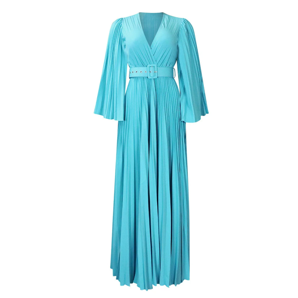 Womens Deep V Neck Plus Size Evening Dress Long Sleeves With Belt Maxi Dresses Temperament Sexy Big Swing Pleated Long Dresses