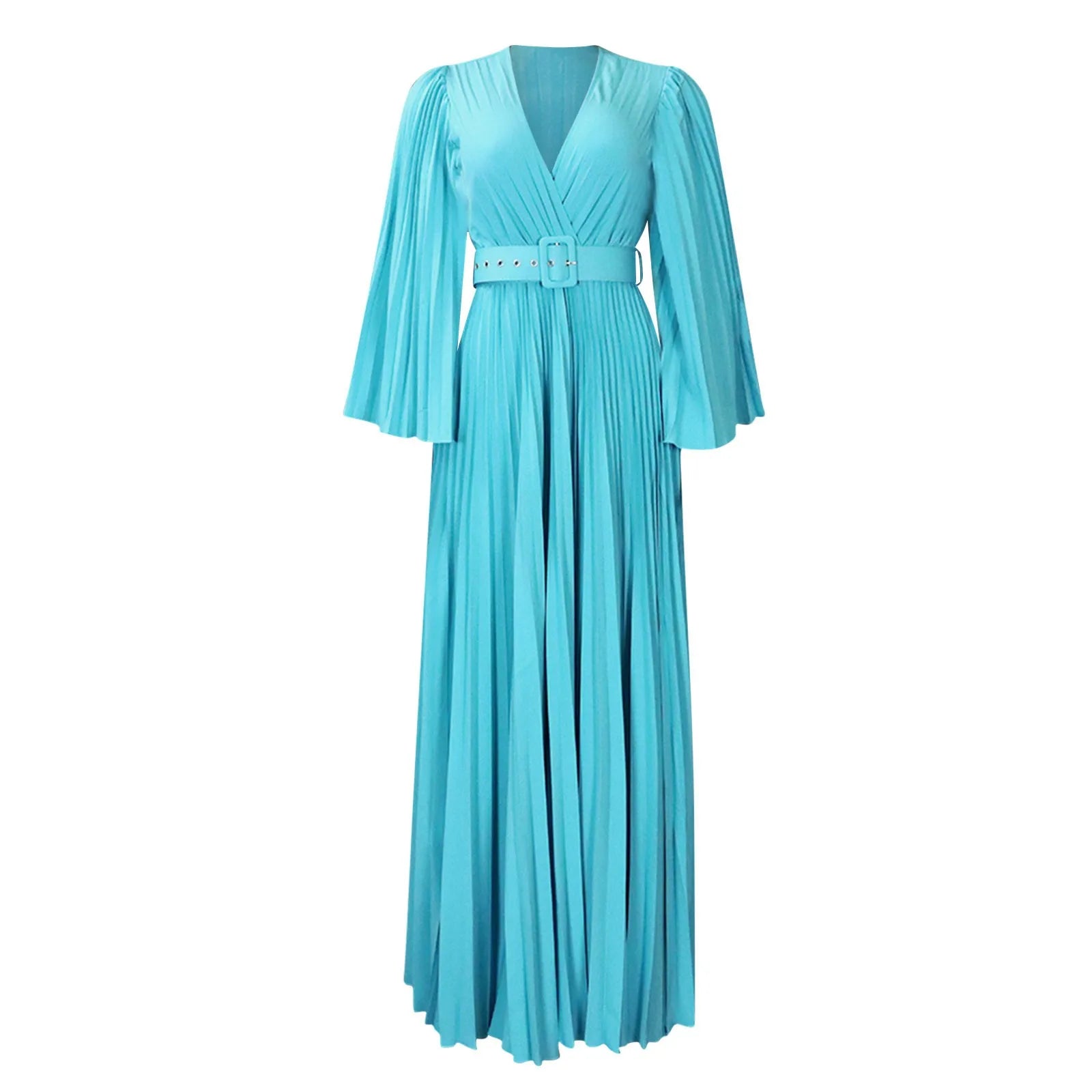 Womens Deep V Neck Plus Size Evening Dress Long Sleeves With Belt Maxi Dresses Temperament Sexy Big Swing Pleated Long Dresses