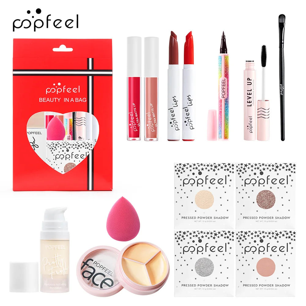 POPFEEL All-in-One Makeup Kit – Eyeshadow, Lip Gloss, Blush & Brushes