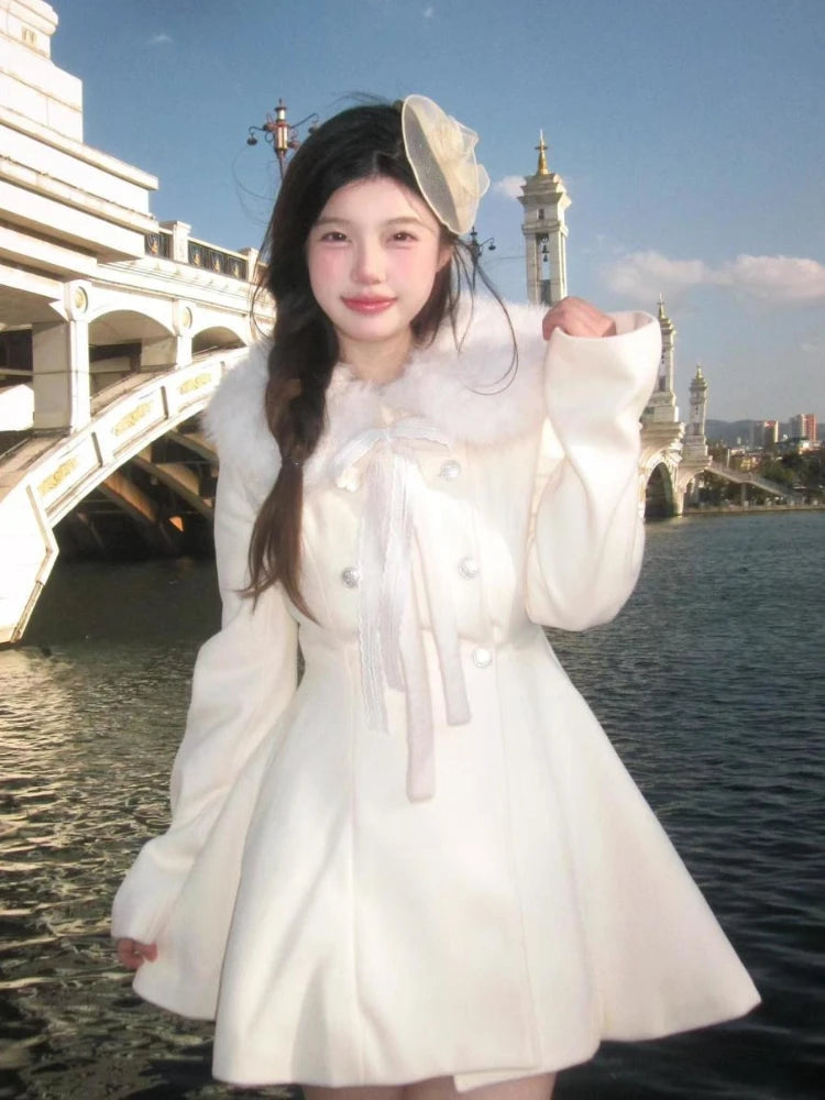 Autumn Winter Elegant Party Women Outfits French Sweet Wool Patchwork Blends Solid Princess Casual Warm Fur Collar Coat 2025 New