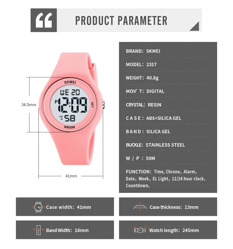 SKMEI 2317 Luxury Waterproof Sports Countdown LED Display Girls Ladies Wristwatches Alarm Digital Watch for Women Reloj Mujer