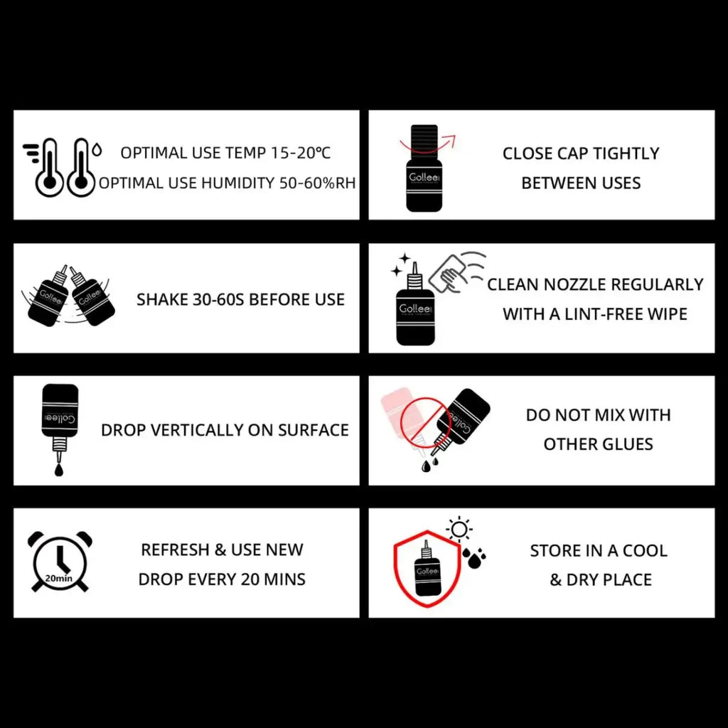 Extra-strong waterproof lash glue – fast drying, long-lasting hold.