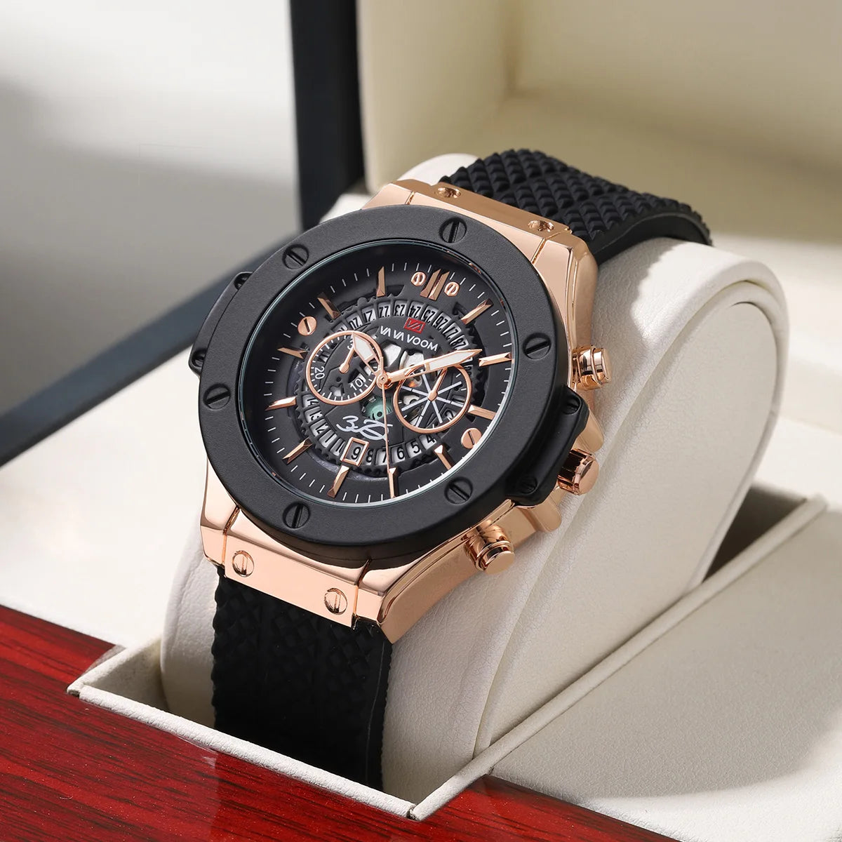 Men’s 46mm Black Silicone Sports Watch – Rose Gold Military Quartz