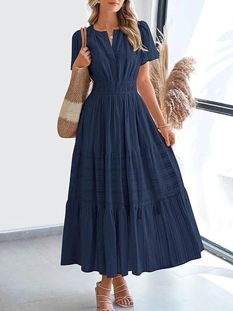 Women’s V-Neck Layered Bubble Sleeve Swing Dress – Spring/Summer 2025