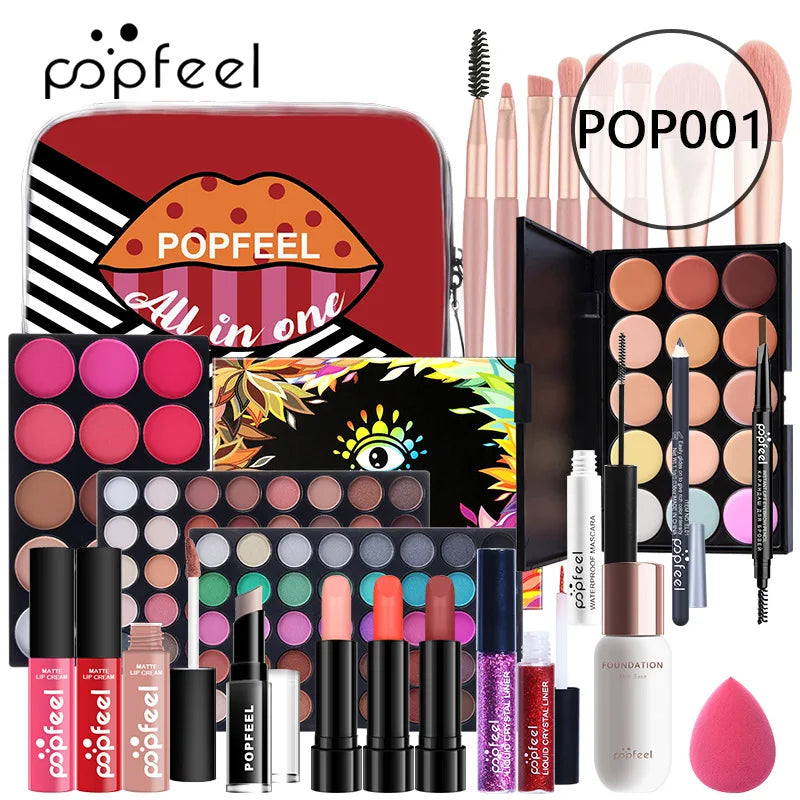 POPFEEL All-in-One Makeup Kit – Eyeshadow, Lip Gloss, Blush & Brushes