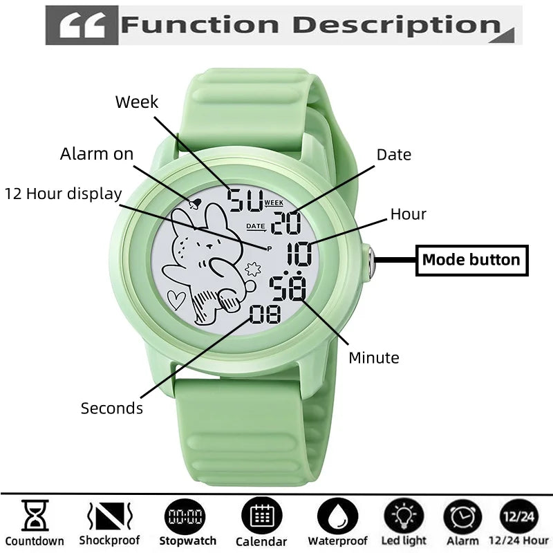 Skmei Unisex Digital Watches for Young Student Carton Rabbit Pattern Fashion LED Waterproof Boy Girl Wristwatch with Alarm Clock