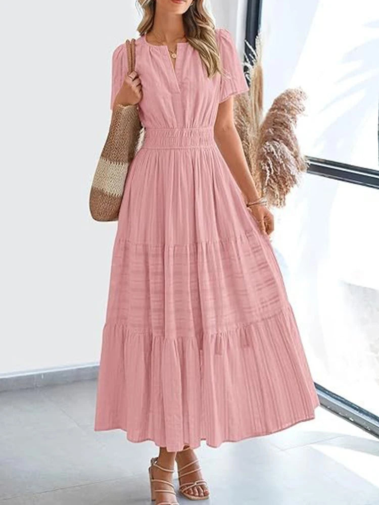 Women’s V-Neck Layered Bubble Sleeve Swing Dress – Spring/Summer 2025