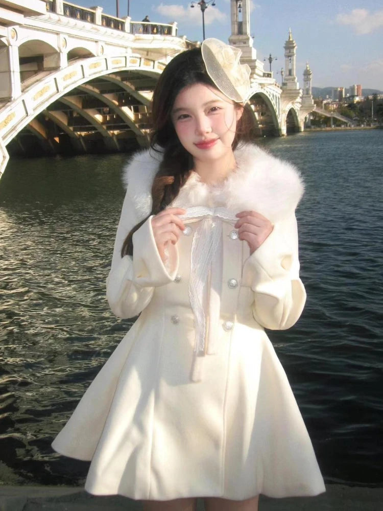 Autumn Winter Elegant Party Women Outfits French Sweet Wool Patchwork Blends Solid Princess Casual Warm Fur Collar Coat 2025 New