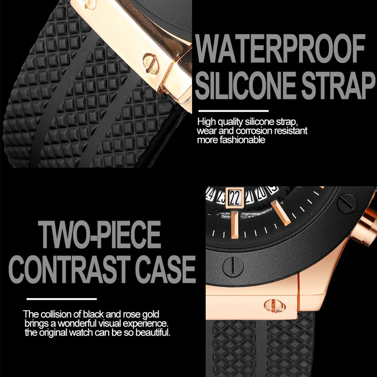 Men’s 46mm Black Silicone Sports Watch – Rose Gold Military Quartz
