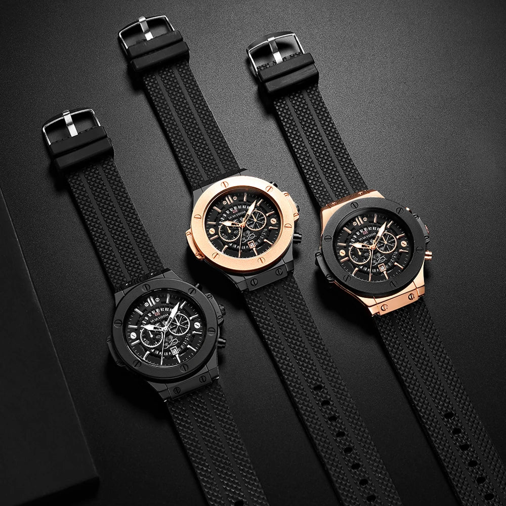 Men’s 46mm Black Silicone Sports Watch – Rose Gold Military Quartz