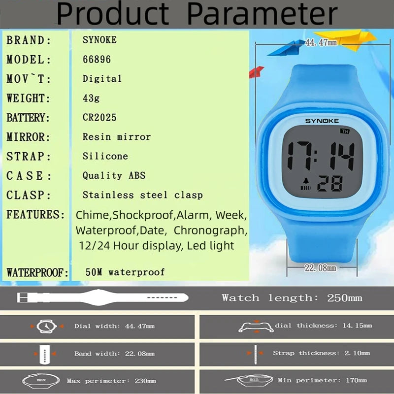 Synoke Unisex Digital Sport's Watches Fashion Soft Silicone Strap Led Waterproof Swimming Jelly Wristwatch Alarm Clock
