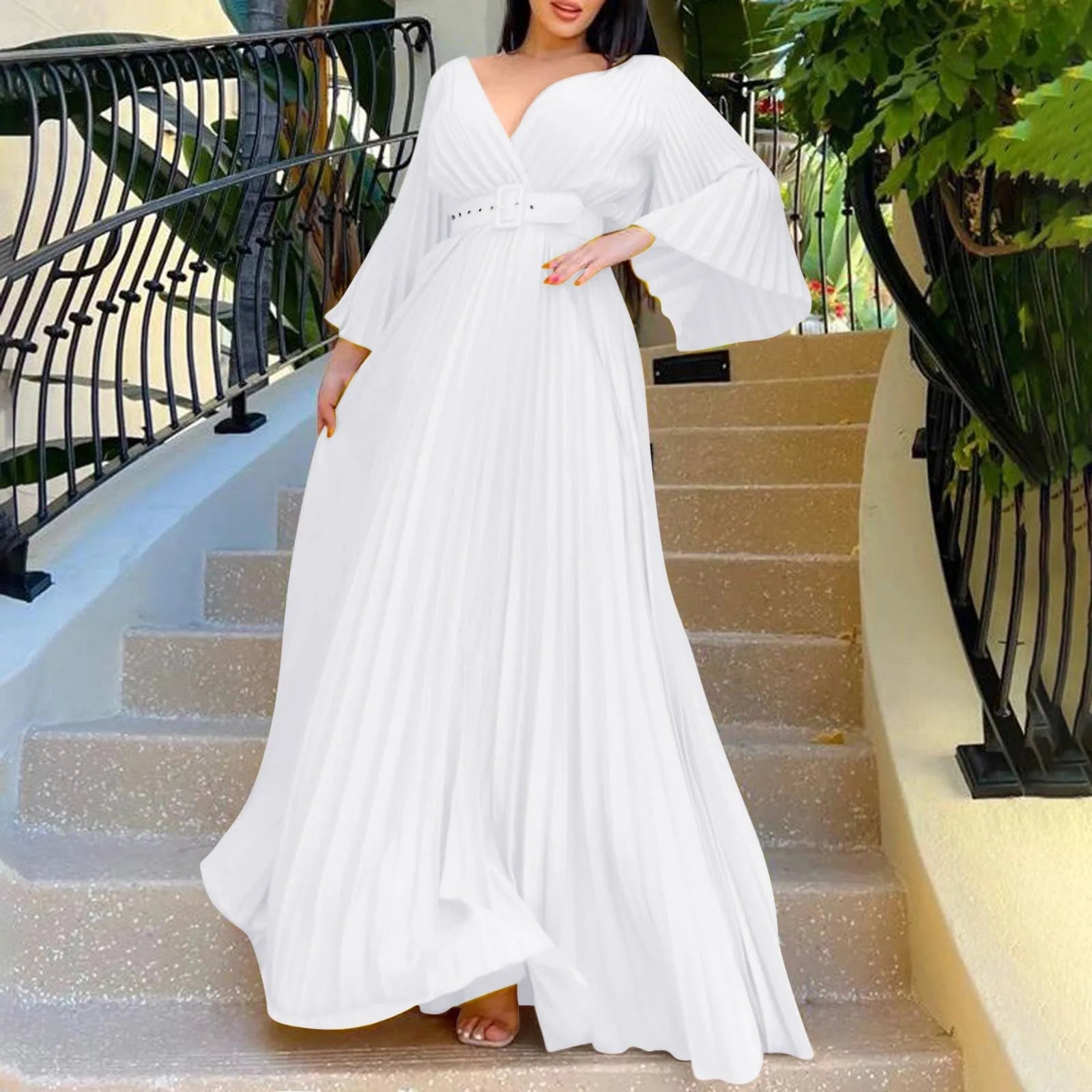 Womens Deep V Neck Plus Size Evening Dress Long Sleeves With Belt Maxi Dresses Temperament Sexy Big Swing Pleated Long Dresses