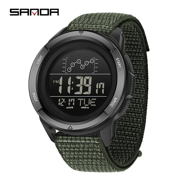 SANDA Military Sport Man Watch Nylon Strap LED Digital Display Multifunction Alarm Clock Countdown Waterproof Men's Wristwatch