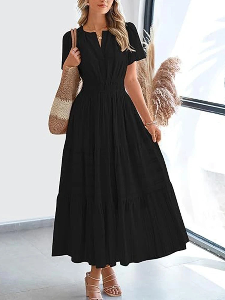 Women’s V-Neck Layered Bubble Sleeve Swing Dress – Spring/Summer 2025