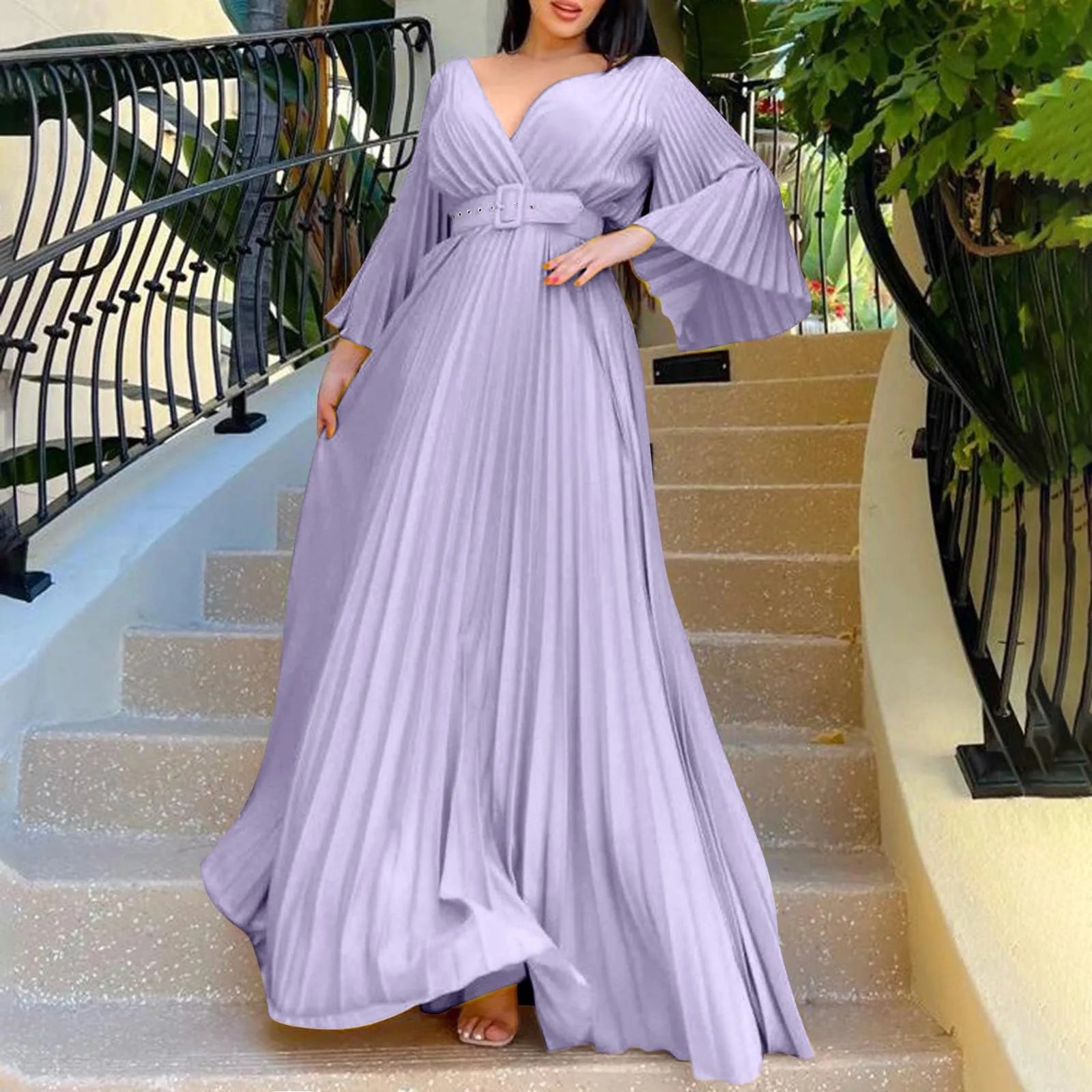 Womens Deep V Neck Plus Size Evening Dress Long Sleeves With Belt Maxi Dresses Temperament Sexy Big Swing Pleated Long Dresses