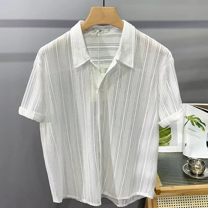 Summer New Knitted Hollow Out Shirts Men Button Lapel Short Sleeve Knit Shirt Mens Knitwear Casual Solid Striped Patchwork Tops