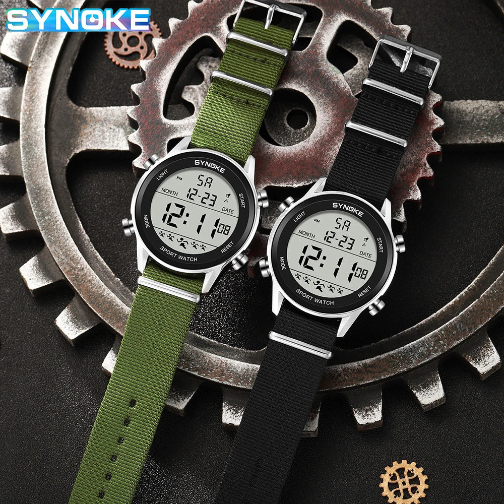Synoke Men Outdoor Sports Multifunctional Waterproof Large Screen Display Luminous LED Digital For Men Nylon Strap Watch