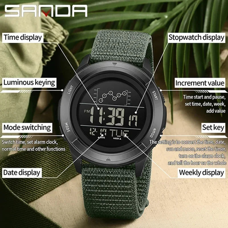 SANDA Military Sport Man Watch Nylon Strap LED Digital Display Multifunction Alarm Clock Countdown Waterproof Men's Wristwatch