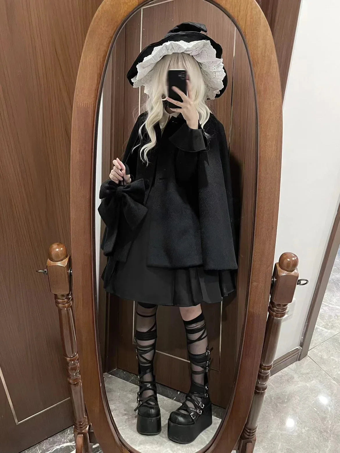 Women's Pink Lolita Woolen Coats Bow Single-breasted Loose Sweet Cute Girls Cloak Ponchos Female Short Overcoat Autumn Winter