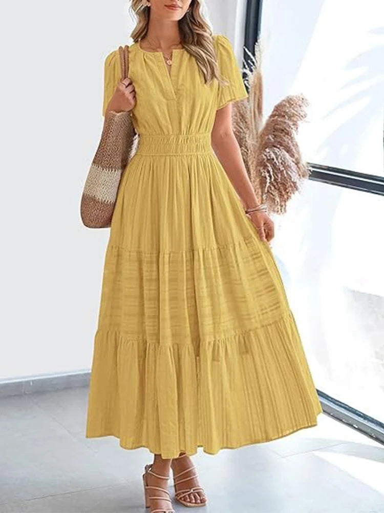 Women’s V-Neck Layered Bubble Sleeve Swing Dress – Spring/Summer 2025
