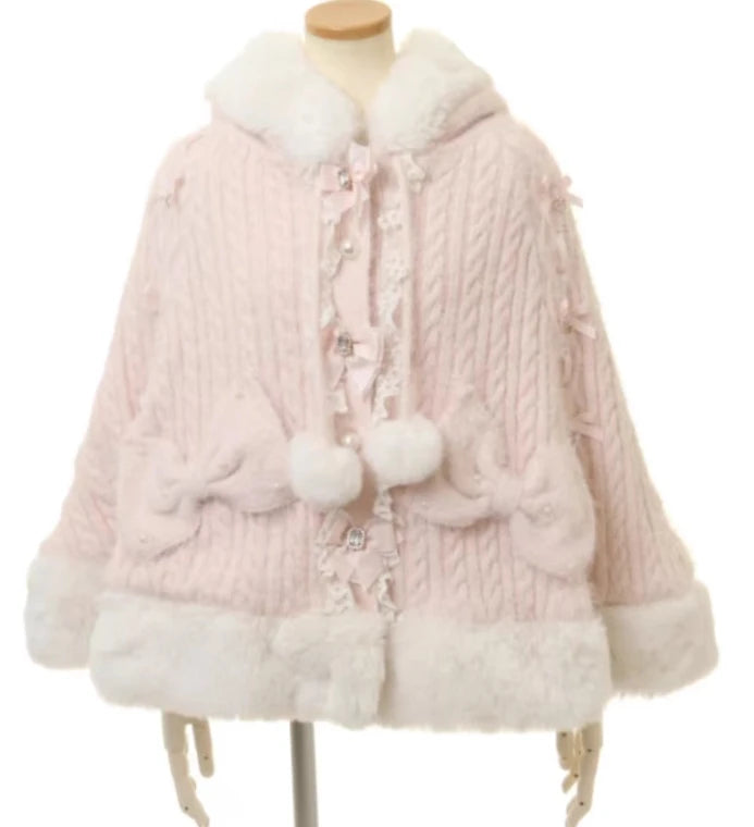 Japanese Sweet Soft Thick Women's Double-Layer Big Ribbon Hooded Knitted Cloak 3 Colors Autumn and Winter Ponchos Warm Jacket