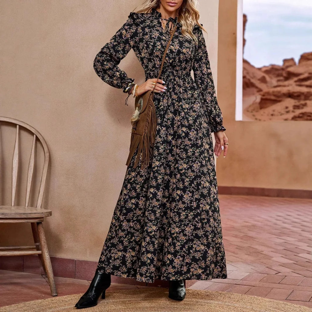 Autumn long-sleeve ruffled collar A-line dress – stylish & elegant.