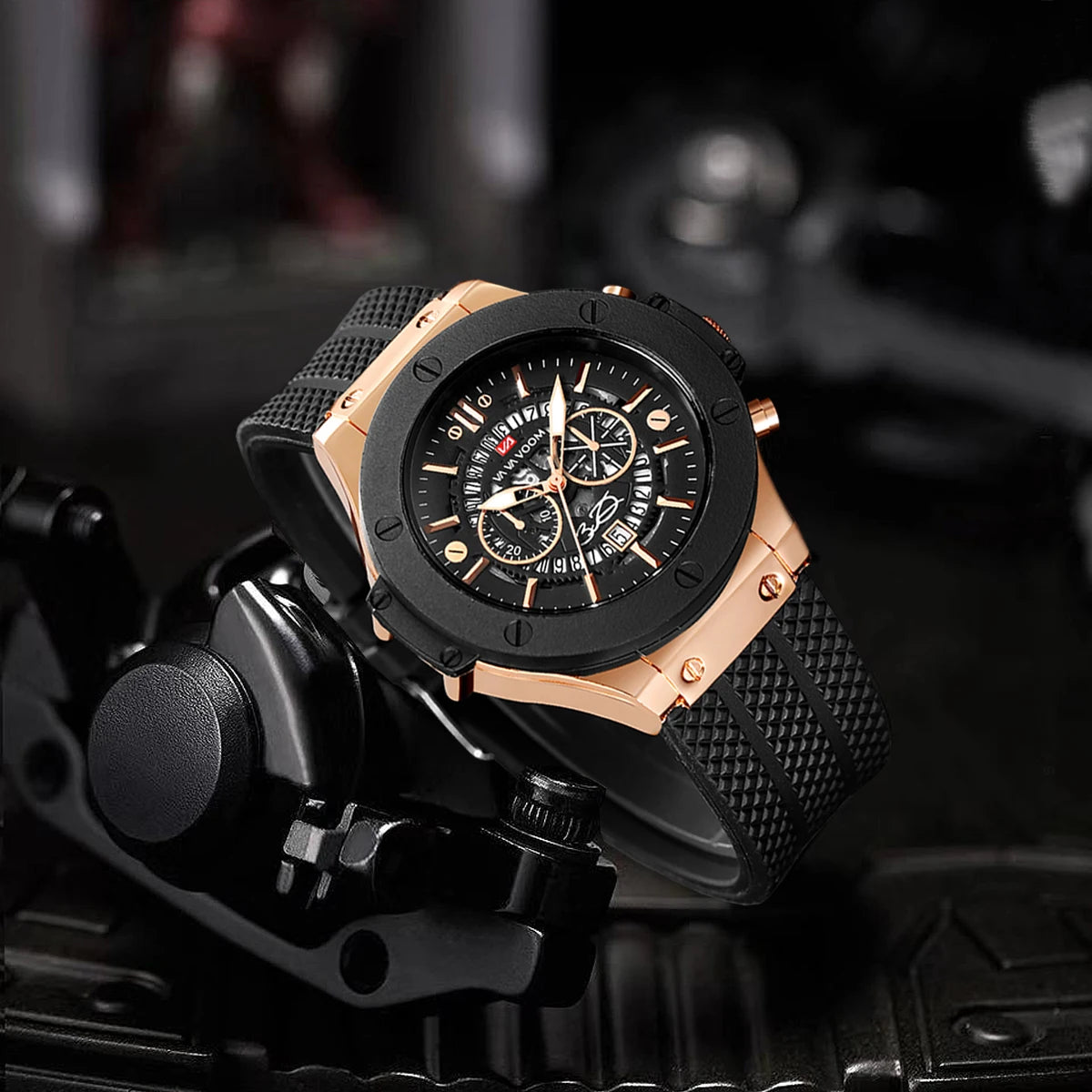 Men’s 46mm Black Silicone Sports Watch – Rose Gold Military Quartz