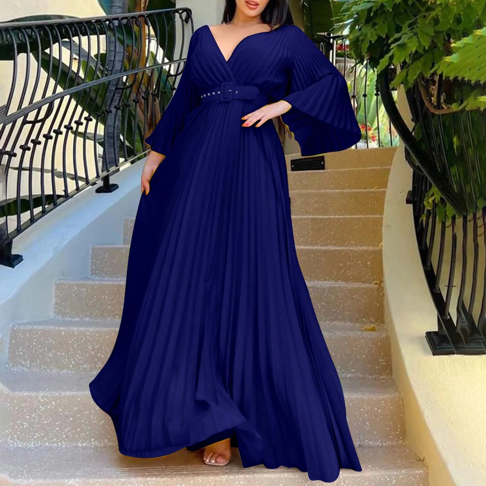 Womens Deep V Neck Plus Size Evening Dress Long Sleeves With Belt Maxi Dresses Temperament Sexy Big Swing Pleated Long Dresses