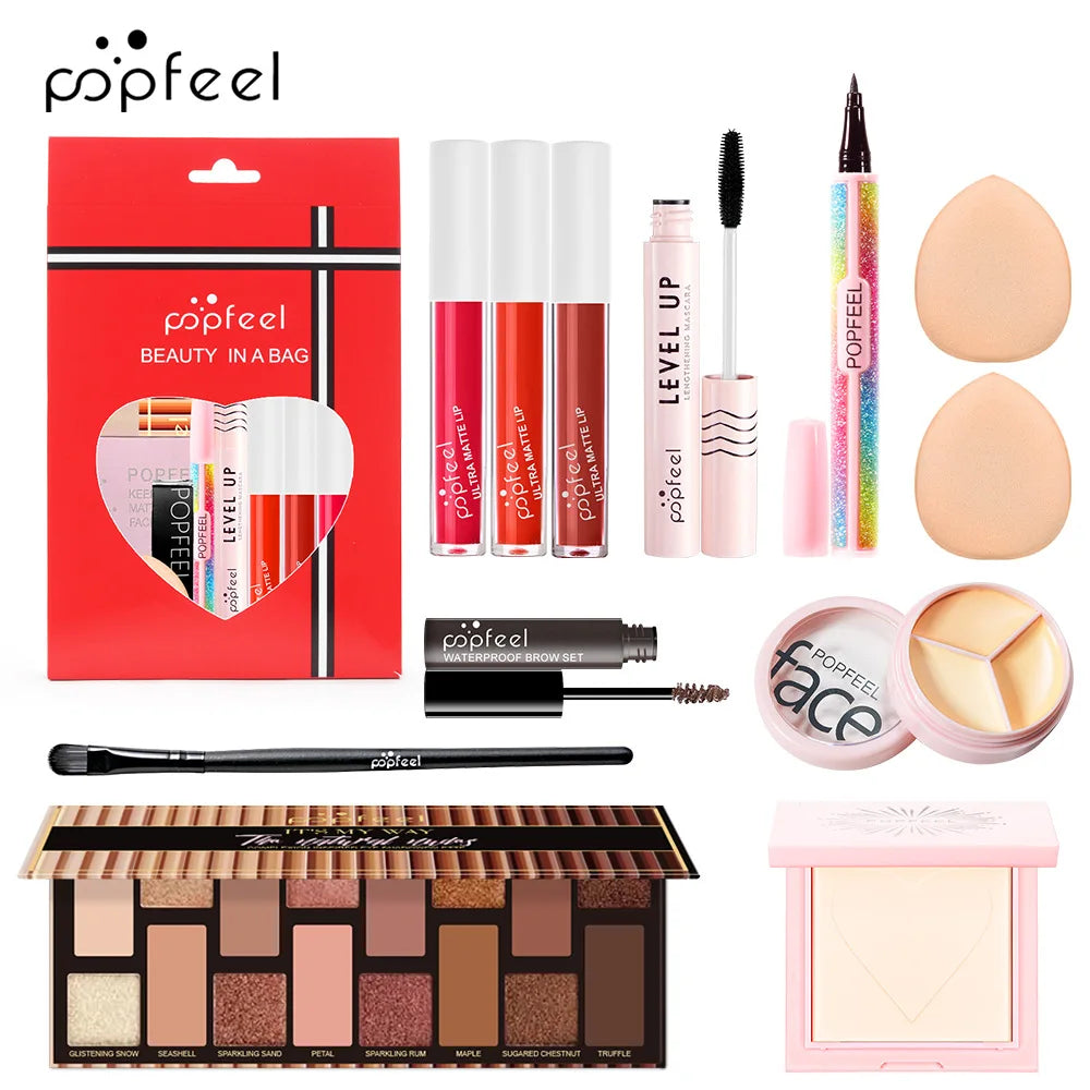 POPFEEL All-in-One Makeup Kit – Eyeshadow, Lip Gloss, Blush & Brushes