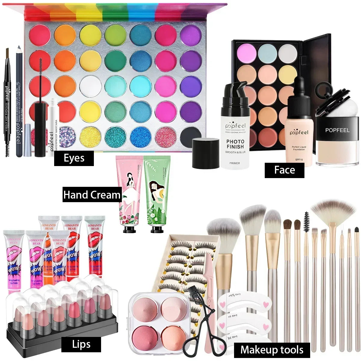 POPFEEL All-in-One Makeup Kit – Eyeshadow, Lip Gloss, Blush & Brushes