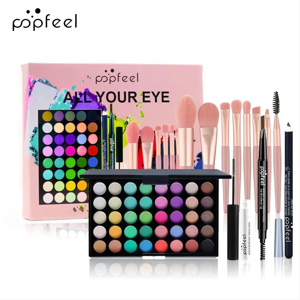 POPFEEL All-in-One Makeup Kit – Eyeshadow, Lip Gloss, Blush & Brushes