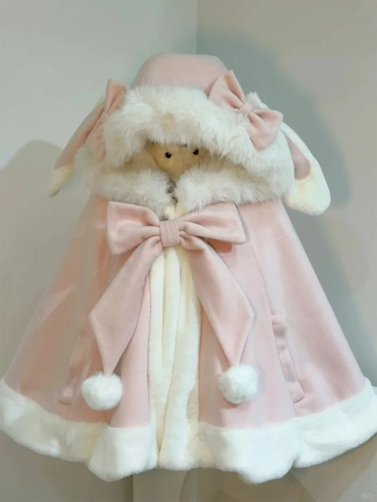 Y2k Aesthetic Cloak Jacket Women Japanese Lolita Fur Patchwork Rabbir Ear Hooed Coat Kawaii Sweet Bow Jackets Oversized JK Capes